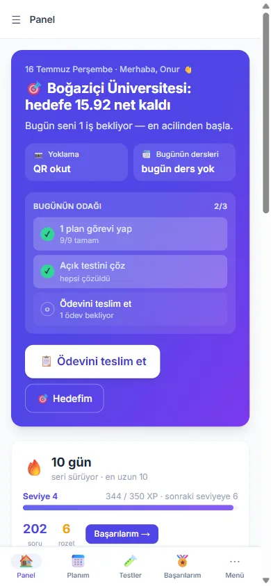 Öğrenci paneli — bugünün odağı ve hedefe geri sayım