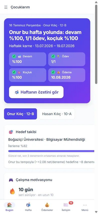 Karno veli ekranı — çocuğun haftalık karnesi telefonda