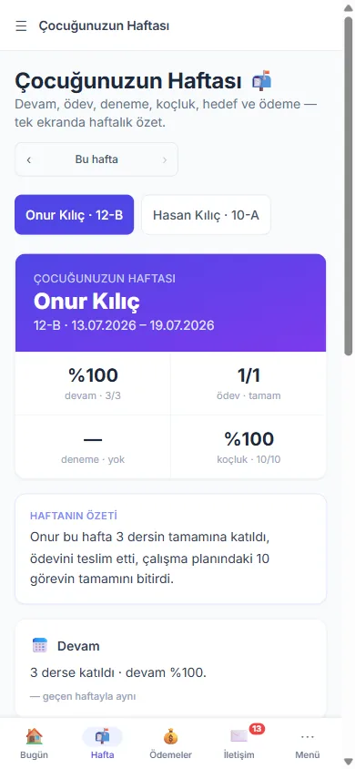 Veli telefonunda haftalık özet — insan dili anlatım